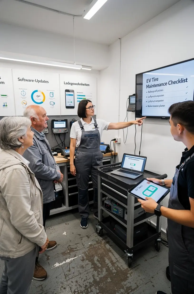 Fachkraft überprüft den Ladezustand und die Batteriefunktion eines Elektroautos.