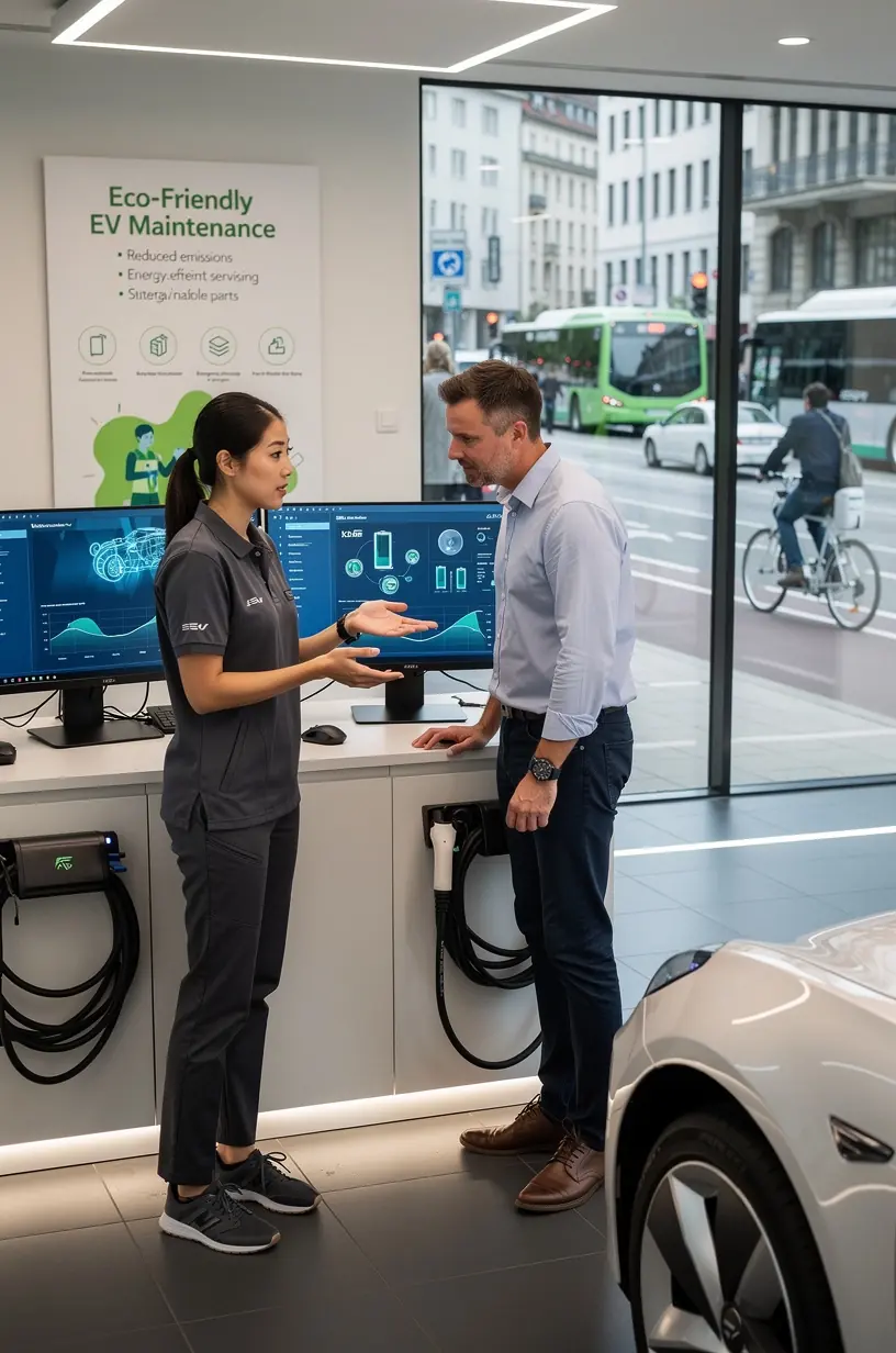 Techniker überprüft die Bremsen eines Elektroautos mit spezialisiertem Diagnosegerät.