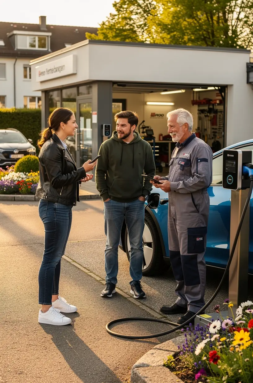 Reifenwechsel an einem Elektroauto in einer deutschen Autowerkstatt.